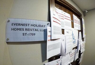 Complaints and legal notices pasted on the entrance of Evernest Holiday Homes on the 17th floor of the Sidra Tower in Al Sufouh, Dubai. Photo: Pawan Singh / The National