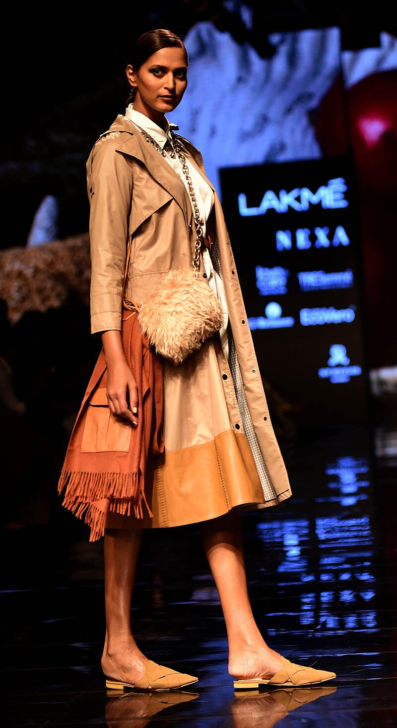 A model presents creations by designer Rara Avis at the Lakme Fashion Week (LFW) Winter/Festive 2019 in Mumbai on August 21, 2019.  - XGTY / RESTRICTED TO EDITORIAL USE
 / AFP / Sujit Jaiswal / XGTY / RESTRICTED TO EDITORIAL USE
