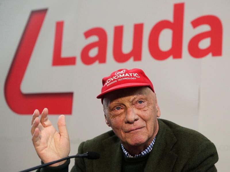 FILE PHOTO:  Niki Lauda addresses a news conference presenting his new airline Laudamotion in Vienna, Austria  March 16, 2018. REUTERS/Heinz-Peter Bader/File Photo