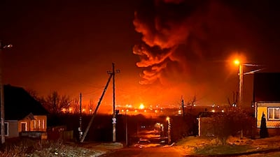 In this photo taken by an anonymous source, smoke and flame are from oil storage facilities hit by fire in Bryansk, Russia, Monday, April 25, 2022.  The Emergencies Ministry said the massive fire at the depot in the city of Bryansk erupted overnight. The oil depot is owned by Transneft-Druzhba, a subsidiary of the Russian state-controlled company Transneft that operates the western-bound Druzhba (Friendship) pipeline carrying crude to Europe, and it wasn't immediately clear if the blaze could affect the deliveries.  Anonymous source via AP