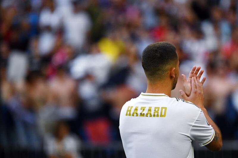 Eden Hazard applauds the fans inside the Santiago Bernabeu stadium. AFP