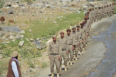 Members of the Afghan security forces take part in military training in Panjshir province on August 21, days after the Taliban seized power in Afghanistan. Photo: AFP