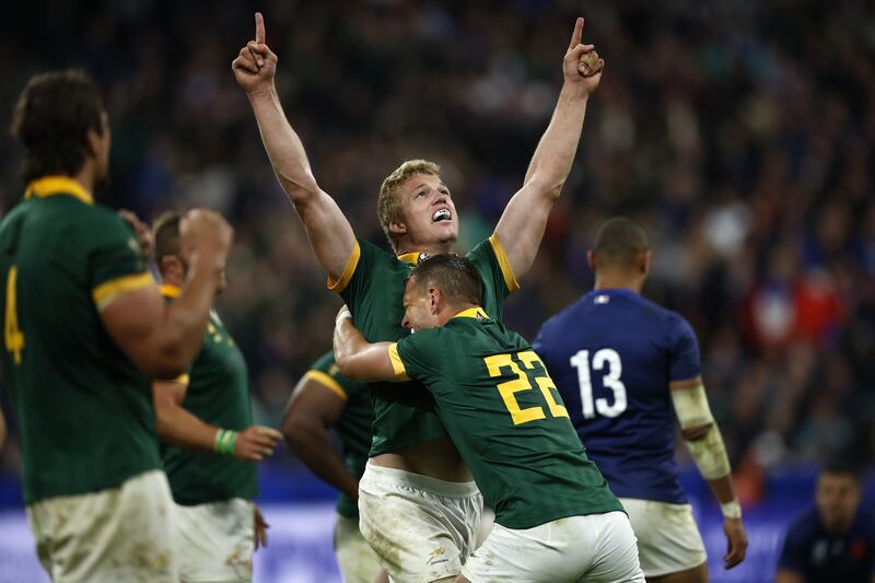 South Africa players celebrate after their Rugby World Cup 2023 quarter-final victory over France. EPA