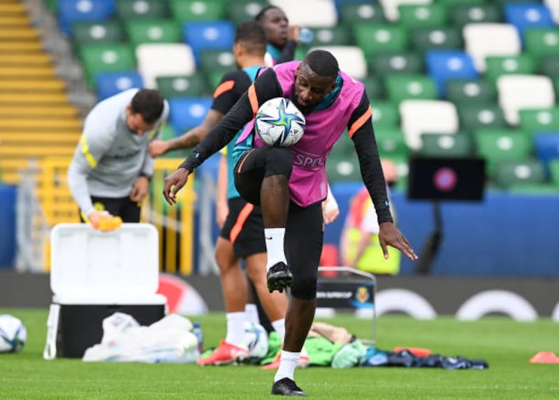 Antonio Rudiger during Chelsea's training at Windsor Park in Belfast.