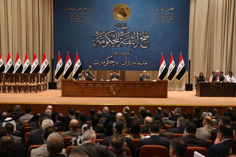 The Iraqi parliament votes on the new Iraqi government, headed by Adel Abdul Mahdi, October 24, 2018 in Baghdad. / AFP / STR
