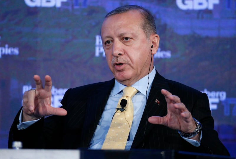 Turkish President Recep Tayyip Erdogan speaks at the Bloomberg Global Business Forum in New York, U.S., September 20, 2017. REUTERS/Brendan McDermid