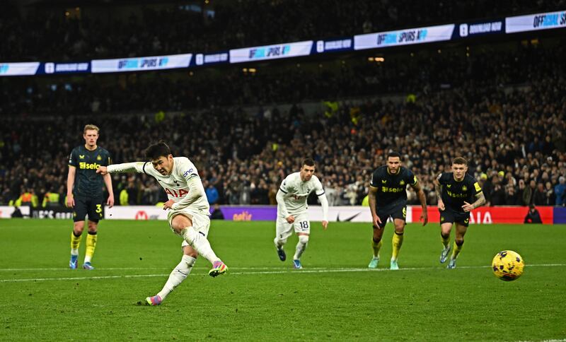 Tottenham Hotspur's Son Heung-min scores their fourth goal from the penalty spot. Reuters
