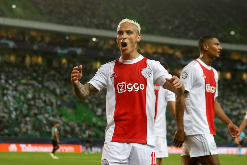 Ajax's Antony celebrates against Sporting Lisbon in the Champions League in September, 2021. Reuters