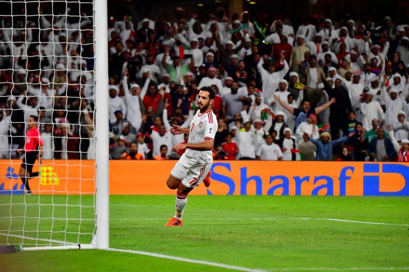 UAE forward Ali Mabkhout scores during the 2019 AFC Asian Cup quarter-final football match between UAE and Australia at Hazza bin Zayed Stadium in Al Ain. AFP