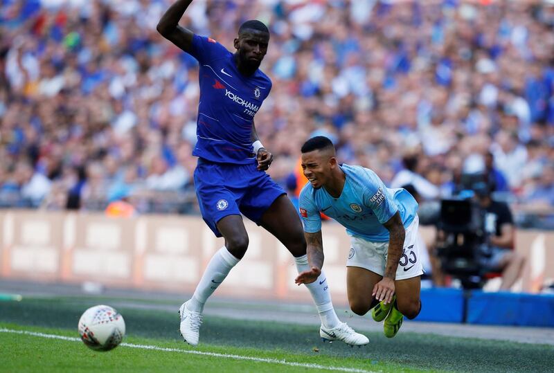 Soccer Football - FA Community Shield - Manchester City v Chelsea - Wembley Stadium, London, Britain - August 5, 2018 Manchester CityÕs Gabriel Jesus sustains an injury in a tackle with ChelseaÕs Antonio Rudiger REUTERS/Phil Noble