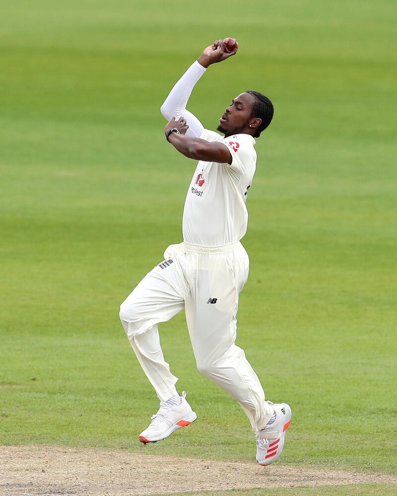 File photo dated 25-07-2020 of England's Jofra Archer as he bowls during day two of the Third Test at Emirates Old Trafford, Manchester. Issue date: Thursday February 11, 2021. PA Photo. England bowler Jofra Archer will miss the second Test against India with an elbow injury, the ECB has announced. See PA story CRICKET England. Photo credit should read Martin Rickett/PA Wire.