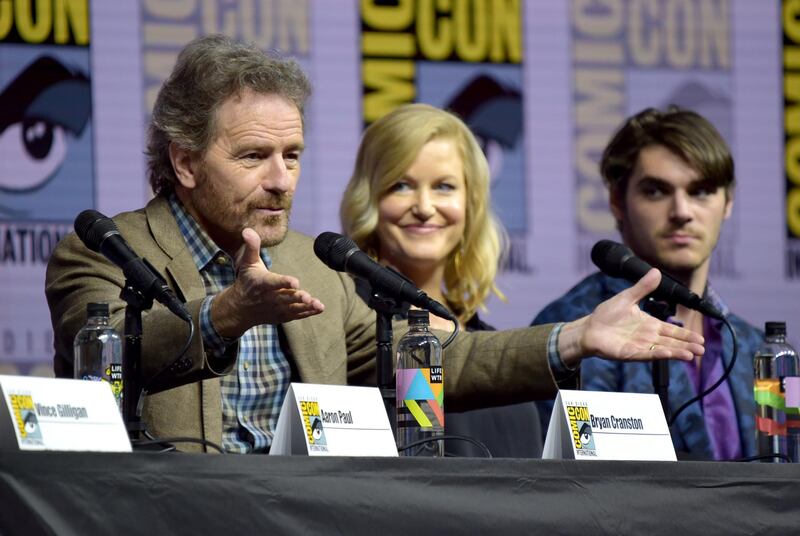 Bryan Cranston, from left, Anna Gunn and RJ Mitte attend the "Breaking Bad" 10th Anniversary panel on day one of Comic-Con International on Thursday, July 19, 2018, in San Diego.(Photo by Richard Shotwell/Invision/AP)