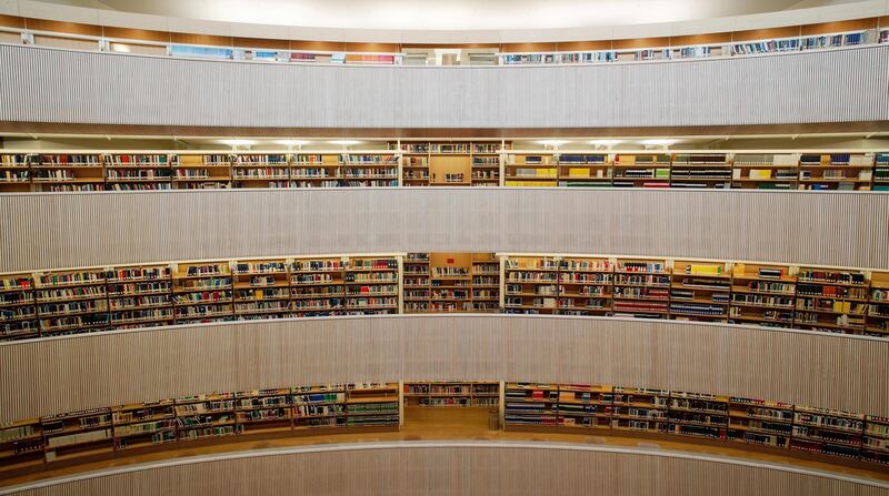 Books encircle the main hall of the Bibliothek des Rechtswissenschaftlichen Instituts of the University of Zurich, designed by Spanish architect Santiago Calatrava. Arnd Wiegmann/Reuters