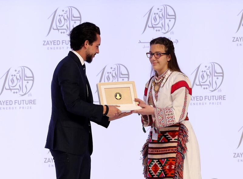 Abu Dhabi, United Arab Emirates - January 15th, 2018: Winner Vladimir Nazor School (Europe) at the Sheikh Zayed Future Energy Prize awards ceremony as part of Abu Dhabi Sustainability Week. Monday, January 15th, 2018 at Abu Dhabi National Exhibition Centre (ADNEC), Abu Dhabi. Chris Whiteoak / The National