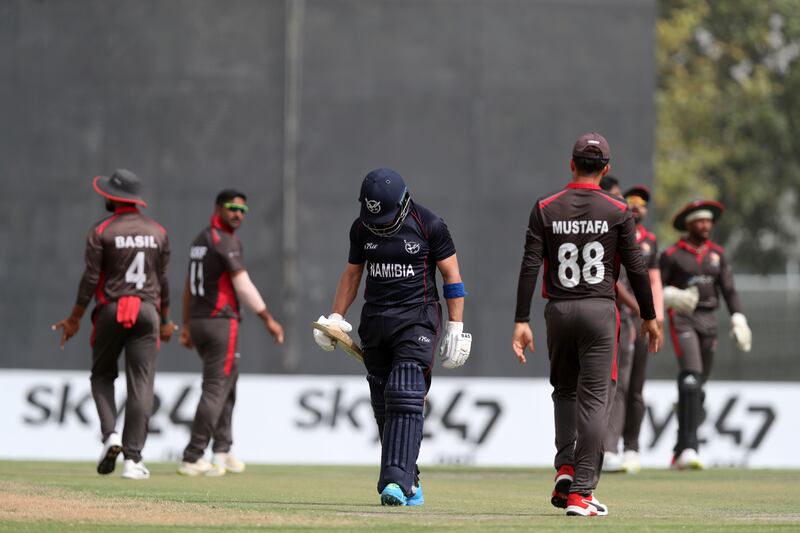 Namibia batsman Craig Williams trudges off after losing his wicket.