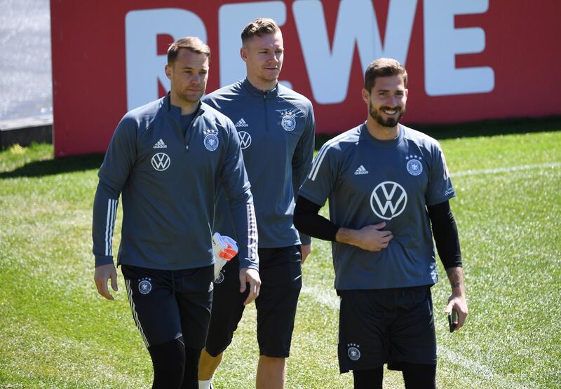 Left to right: Germany's Bernd Leno, Manuel Neuer and Kevin Trapp during training. Reuters