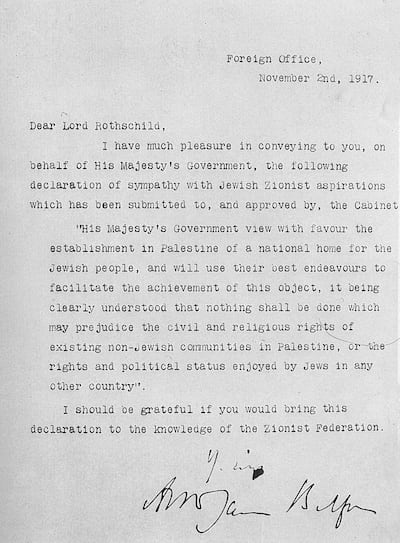 (GERMANY OUT) BALFOUR DECLARATION, 1917. The letter written by British Foreign Secretary Arthur James Balfour to Lord Rothschild on November 2, 1917, setting forth British support for the establishment of a national home for the Jewish people in Palestine. (Photo by ullstein bild/ullstein bild via Getty Images) *** Local Caption *** 00905043