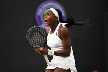 Cori Gauff celebrates her victory over Magdalena Rybarikova at Wimbledon on Wednesday. Andy Rain / EPA