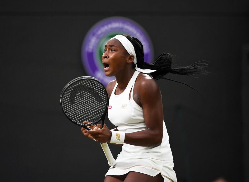 epaselect epa07693155 Cori Gauff of the US celebrates her win over Magdalena Rybarikova of Slovakia in their second round match during the Wimbledon Championships at the All England Lawn Tennis Club, in London, Britain, 03 July 2019. EPA/ANDY RAIN EDITORIAL USE ONLY/NO COMMERCIAL SALES