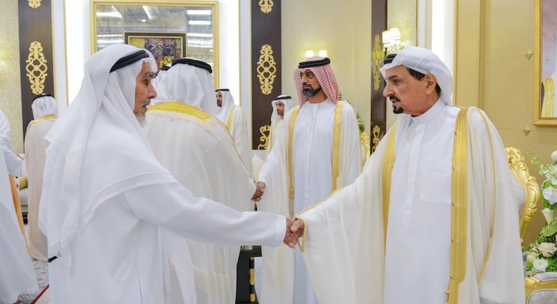 AJMAN, 15th June, 2018 (WAM) -- H.H. Sheikh Humaid bin Rashid Al Nuaimi, Supreme Council Member and Ruler of Ajman, this morning received Eid al-Fitr well-wishers at Al Zaher Palace, in the presence of H.H. Sheikh Ammar bin Humaid Al Nuaimi, Crown Prince of Ajman.

The visitors wished them well and for further progress and pride to the UAE and its people under the wise leadership of President His Highness Sheikh Khalifa bin Zayed Al Nahyan.

Sheikh Humaid bin Rashid and Sheikh Ammar bin Humaid also received Eid al-Fitr greetings from a number of Sheikhs, key officials in the government and private departments, top military and police officials, dignitaries, citizens and residents.

The reception was attended by Sheikh Ahmed bin Humaid Al Nuaimi, Ajman Ruler's Representative for Administrative and Financial Affairs, Sheikh Abdul Aziz bin Humaid Al Nuaimi, Chairman of Ajman Tourism Development Department, Sheikh Rashid bin Humaid Al Nuaimi, Chairman of the Ajman Municipality and Planning Department, Sheikh Dr. Majid bin Saeed Al Nuaimi, Chairman of the Ajman's Ruler Court, and a number of sheikhs and senior officials.