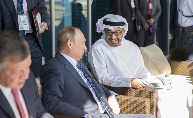 Sheikh Mohammed bin Zayed, Crown Prince of Abu Dhabi and Deputy Supreme Commander of the Armed Forces, and Russian president Vladimir Putin at the opening of the International Aviation and Space Show. Sheikh Mohammed also met Egyptian president Abdel Fattah El Sisi in Moscow. Mohammed Al Hammadi / Crown Prince Court – Abu Dhabi