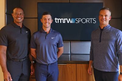 Tiger Woods, Rory McIlroy and sports industry executive Mike McCarley announced the formation of TMRW Sports, a company focused on building technology-focused ventures in sports. Courtesy: TMRW Sports