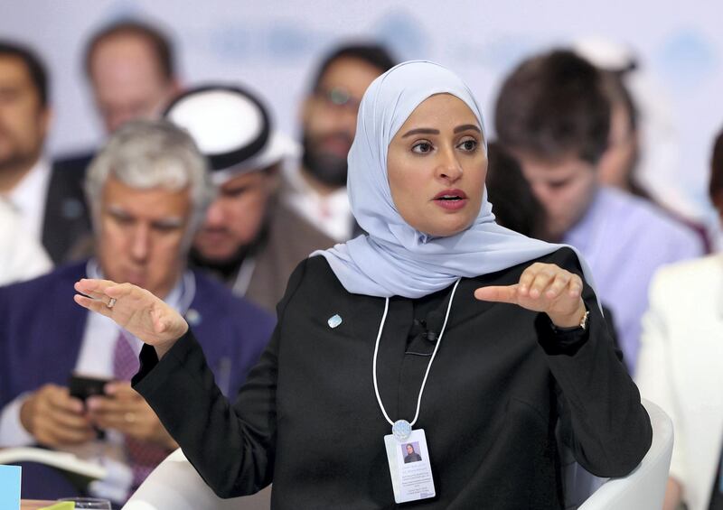 Dubai, United Arab Emirates - February 10, 2019: H.E. Ohood Al Roumi, Minister of State for Happiness and Wellbeing & Vice Chairman of the World Government Summit speaks about Launching the Global Happiness and Wellbeing Policy Report during day 1 at the World Government Summit. Sunday the 10th of February 2019 at Madinat, Dubai. Chris Whiteoak / The National