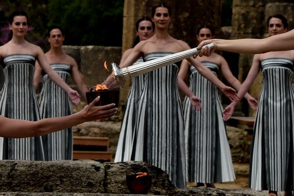 The flame-lighting ceremony for the Paris 2024 Summer Olympics at the Ancient Olympia archaeological site