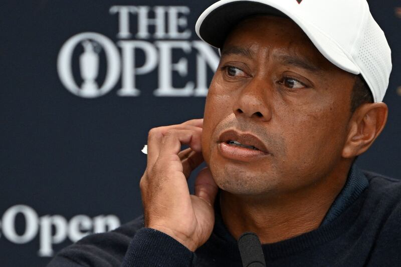 Tiger Woods attends a press conference held ahead of The 150th Open on The Old Course at St Andrews in Scotland on July 12, 2022. AFP