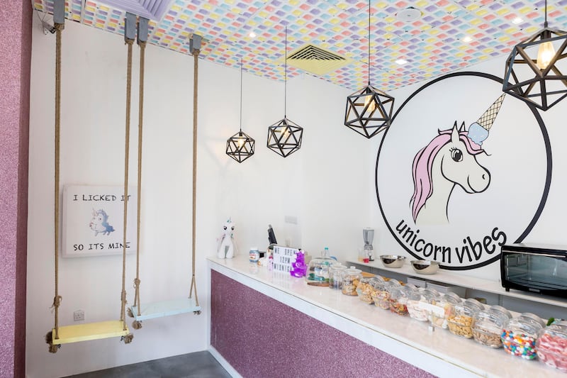 DUBAI. UNITED ARAB EMIRATES, 27 June 2017. The newly opened Unicorn Vibes a new ice-cream and dessert shop located in Business Bay. Interior of the small but very cosy shop. (Photo: Antonie Robertson) Journalist: Hafsa Lodi. Section: Weekend.