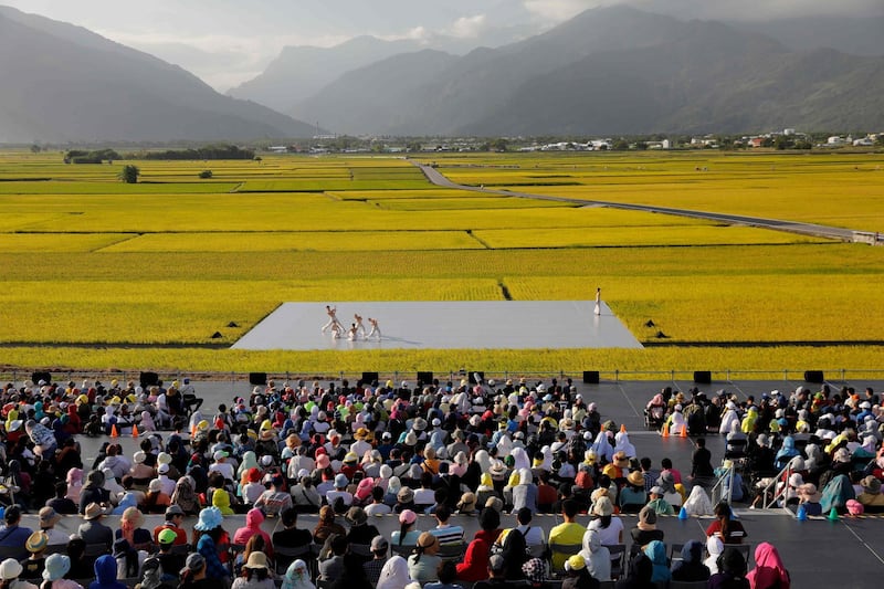 Spectators watching members of the Cloud Gate dance troupe perform "Pine Smoke" to celebrate the Autumn Harvest Festival in the rice fields of Chihshang township in Taitung county, Taiwan. AFP