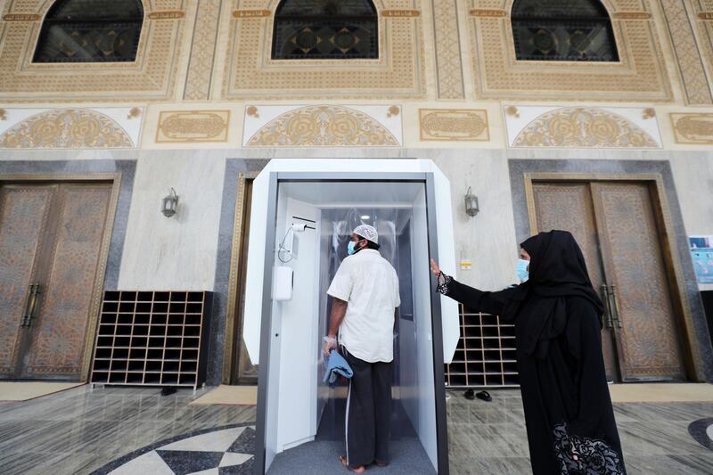 Dubai, United Arab Emirates - Reporter: N/A. News. Covid-19/Coronavirus. Midday prayers are performed at Al Farooq Omar Bin Al Khattab Mosque in Dubai. Wednesday, July 1st, 2020. Dubai. Chris Whiteoak / The National