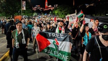 AUSTIN, TEXAS - MAY 11: Graduate students and demonstrators protest the war in Gaza after walking out of commencement at the DKR-Texas Memorial Stadium on May 11, 2024 in Austin, Texas.  Amid nationwide tension on college campuses over the war between Israel and Hamas, students continue protesting and calling for universities to divest from Israel.    Brandon Bell / Getty Images / AFP (Photo by Brandon Bell  /  GETTY IMAGES NORTH AMERICA  /  Getty Images via AFP)