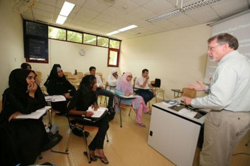 Prof Worrells teaches a class made up mainly of women on airline management at Emirates Aviation College in Dubai.