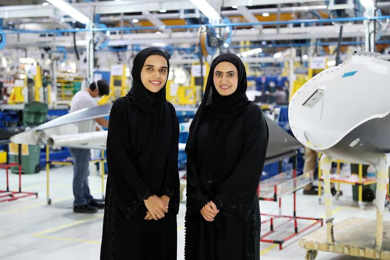 AL AIN , UNITED ARAB EMIRATES , JULY 2 – 2018 :- Left to Right - Naseefa Slayem AlAmeri , Tooling Engineer and Maryam Hamad Helal Al Kuwaiti , Manufacturing Engineer at the Strata Manufacturing facility in Al Ain. ( Pawan Singh / The National )  For News. Story by John Dennehy