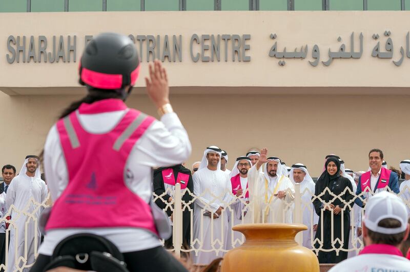 The Ruler of Sharjah​​​​​​, Sheikh Dr Sultan bin Muhammad Al Qasimi and his wife Sheikha Jawaher Al Qasimi launch the 10th edition of the Pink Caravan Ride. Courtesy: WAM