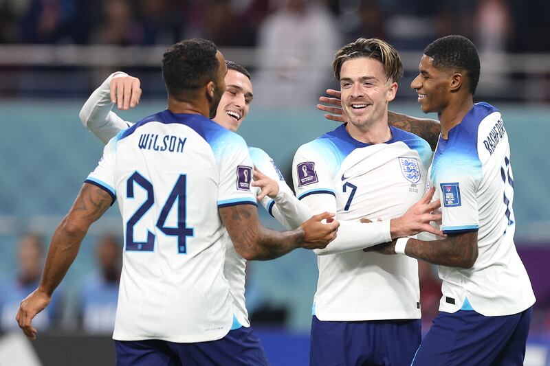 Jack Grealish celebrates with Marcus Rashford, Phil Foden and Callum Wilson. Getty