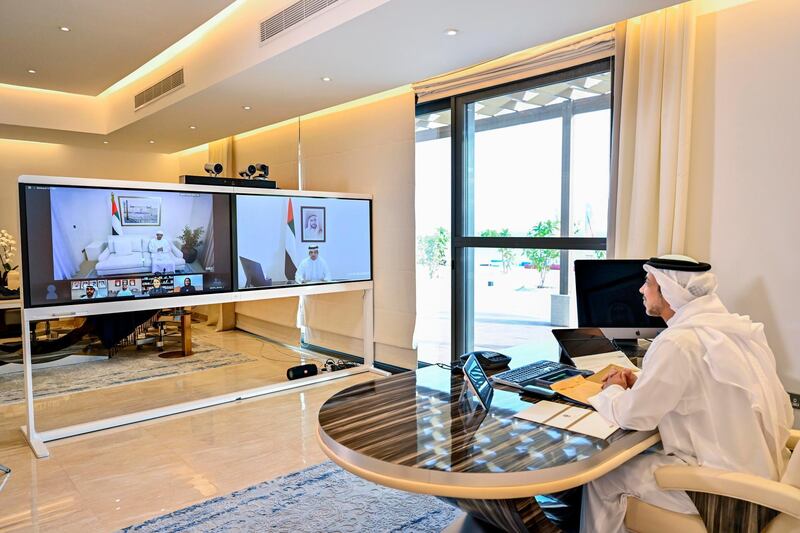 ABU DHABI, UNITED ARAB EMIRATES - May 03, 2020: HH Sheikh Mansour bin Zayed Al Nahyan, UAE Deputy Prime Minister and Minister of Presidential Affairs (R), participates in an online lecture by HE Mariam Mohamed Saeed Hareb Al Mehairi, UAE Minister of State for Food Security, titled “ Nourishing the Nation: Food Security in the UAE ”. The lecture was broadcast on Al Emarat Channel as part of the Ramadan lecture series of Majlis Mohamed bin Zayed. 

( Hasan Al Menhali / Ministry of Presidential Affairs )
---