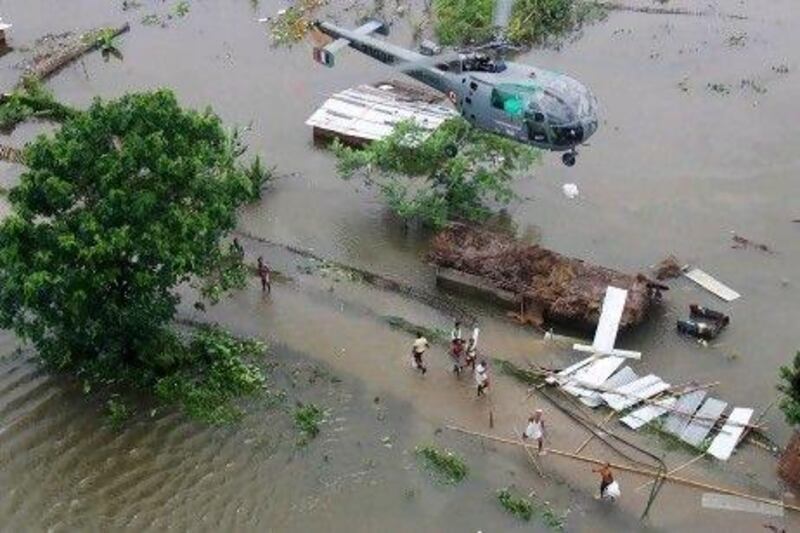 An Indian Air Force helicopter on a rescue mission in the flood-affected areas of Assam.