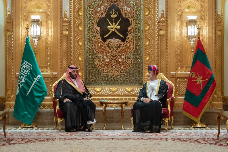 Sultan Haitham of Oman, and Prince Mohammed bin Salman, Crown Prince of Saudi Arabia, hold talks at Al Alam Palace in Muscat. Photo: Oman News Agency