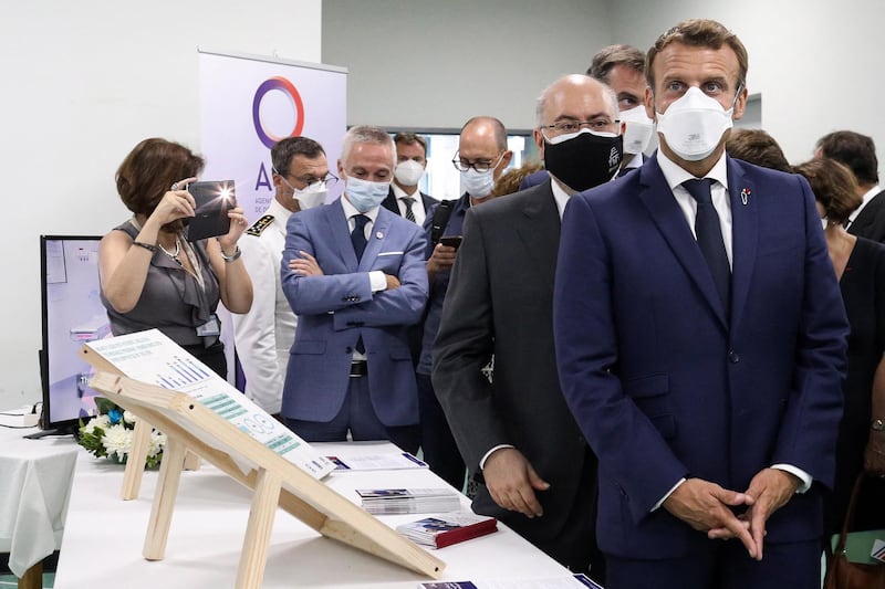 French President Emmanuel Macron visits the Rafik Hariri University Hospital in Beirut, Lebanon.  EPA