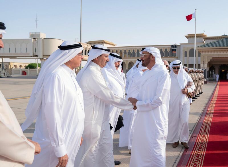 ABU DHABI, UNITED ARAB EMIRATES - May 24, 2019: HH Sheikh Mohamed bin Zayed Al Nahyan, Crown Prince of Abu Dhabi and Deputy Supreme Commander of the UAE Armed Forces (R), bids farewell to dignitaries accompanying  HM King Hamad bin Isa Al Khalifa, King of Bahrain (not shown), at Presidential  Airport. 

( Mohamed Al Hammadi / Ministry of Presidential Affairs )
---