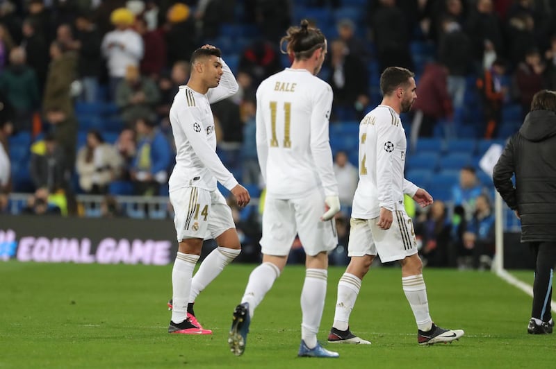 Real Madrid's Carlos Casemiro, Gareth Bale and Dani Carvajal at the end of the first leg. EPA