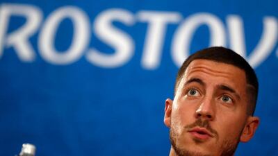 Belgium captain Eden Hazard attends a press conference in Rostov-on-Don. EPA