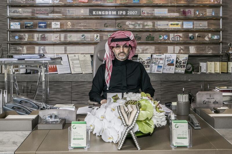 Prince Alwaleed Bin Talal, Saudi billionaire and founder of Kingdom Holding Co., poses for a photograph in the penthouse office of Kingdom Holding Co., following his release from 83 days of detention in the Ritz-Carlton hotel in Riyadh, Saudi Arabia, on Sunday, March 18, 2018. Alwaleed was the most prominent among hundreds of Saudi businessmen, government officials and princes who were swept up in November in what the government called a crackdown on corruption. Photographer: Guy Martin/Bloomberg