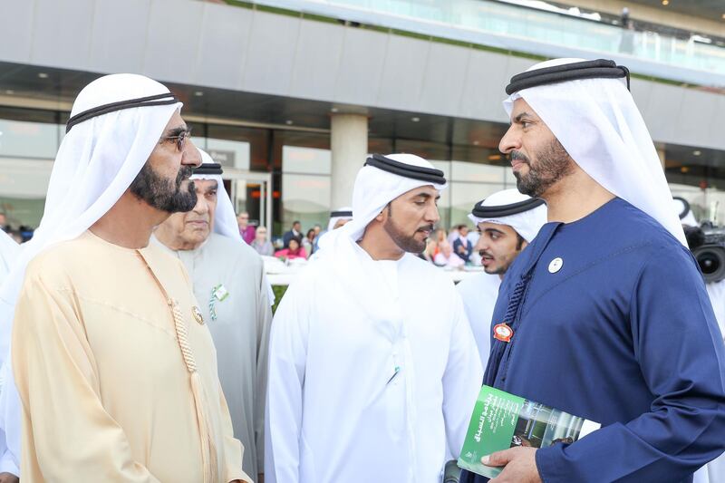 Sheikh Mohammed bin Rashid Al Maktoum, UAE Vice President and Ruler of Dubai, attends Dubai World Cup Carnival – Super Saturday at Meydan Racecourse accompanied by Dubai Crown Prince Sheikh Hamdan bin Mohammed bin Rashid Al Maktoum. Wam