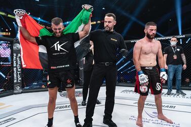 Mohammad Yahya reacts after his victory over Jordanian Saleem Al Bakri in the UAE Warriors 17 Arabia-2 at the Jiu-Jitsu Arena. Courtesy Palms Sports