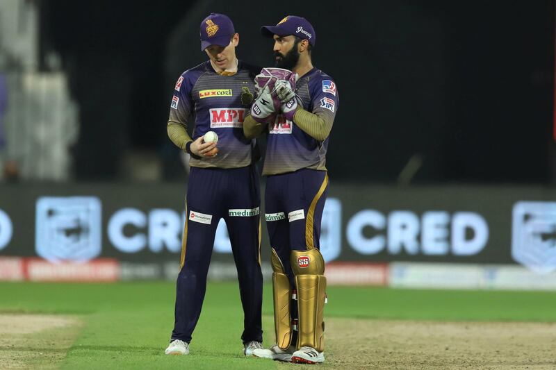 Dinesh Karthik captain of Kolkata Knight Riders and Eoin Morgan of Kolkata Knight Riders during match 16 of season 13 of the Dream 11 Indian Premier League (IPL) between the Delhi Capitals and the Kolkata Knight Riders held at the Sharjah Cricket Stadium, Sharjah in the United Arab Emirates on the 3rd October 2020.  Photo by: Deepak Malik  / Sportzpics for BCCI