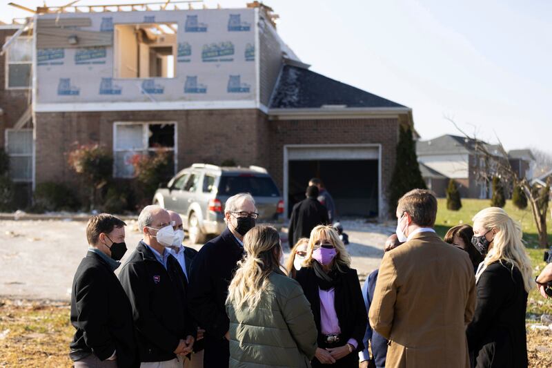 First lady Jill Biden listens to a resident of the Creekwood neighbourhood that was hit by a tornado in Bowling Green, Kentucky. AP