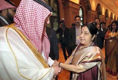 Abu Dhabi, United Arab Emirates - March 01, 2019: Indian Foreign Minister Sushma Swaraj speaks to Adel Al Jubeir, Saudi Minister of State for foreign affairs at the OIC Ministerial Meeting. Friday the 1st of March 2019 at Emirates Palace, Abu Dhabi. Chris Whiteoak / The National
